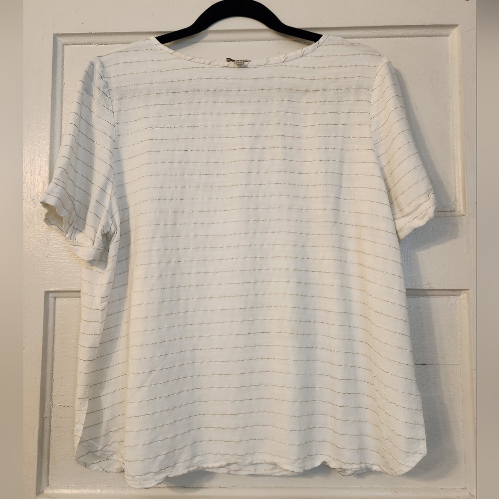 Cremieux Top White & Gold Striped Women's Shirt, Stretch Sz L EUC Metallic